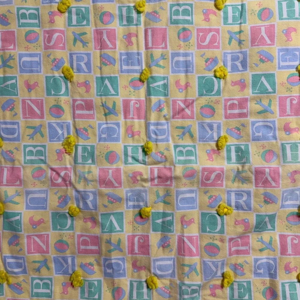 Vintage Handmade Baby Quilt Alphabet Block Pastel Plaid Yellow Ruffle Trim 45x45